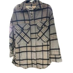 Zara Jacket Womens XS Gray Plaid Shacket Overshirt Button Over Size